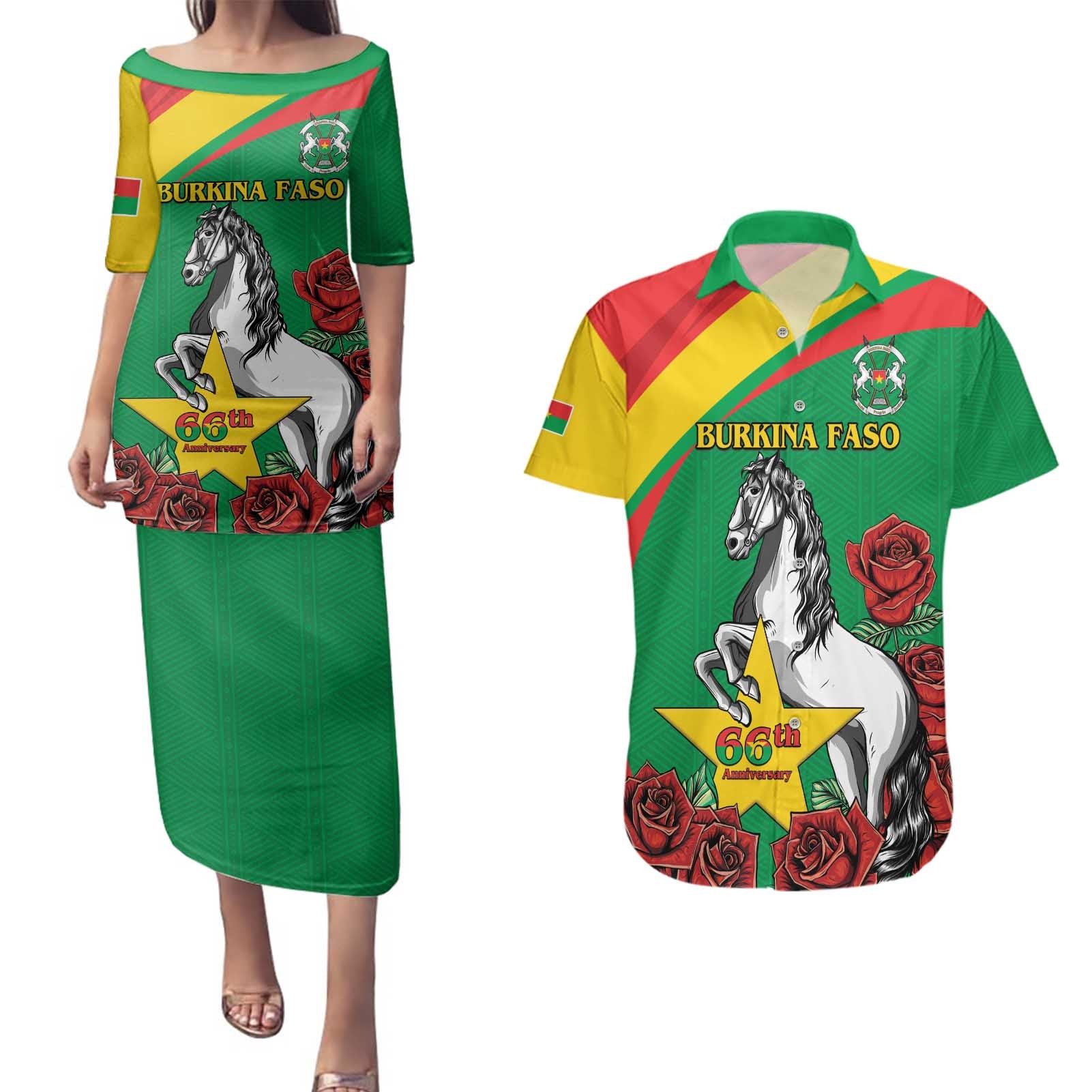 Personalised Burkina Faso Republic Day Couples Matching Puletasi and Hawaiian Shirt Happy 66th Anniversary with White Stallion - Wonder Print Shop