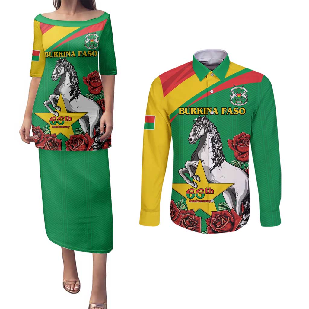 Personalised Burkina Faso Republic Day Couples Matching Puletasi and Long Sleeve Button Shirt Happy 66th Anniversary with White Stallion - Wonder Print Shop