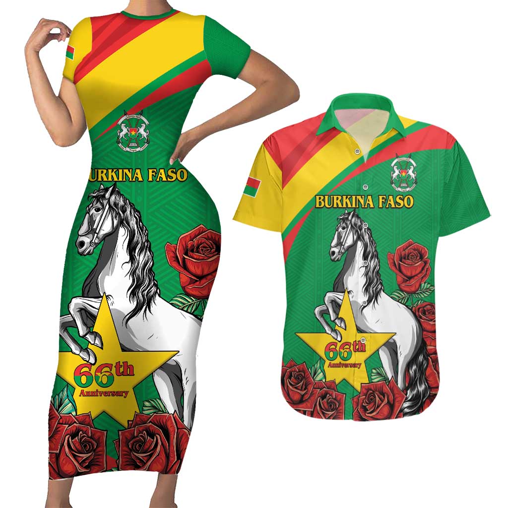 Personalised Burkina Faso Republic Day Couples Matching Short Sleeve Bodycon Dress and Hawaiian Shirt Happy 66th Anniversary with White Stallion - Wonder Print Shop