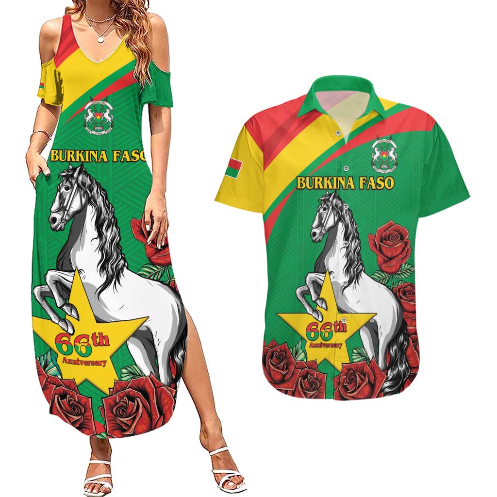 Personalised Burkina Faso Republic Day Couples Matching Summer Maxi Dress and Hawaiian Shirt Happy 66th Anniversary with White Stallion - Wonder Print Shop