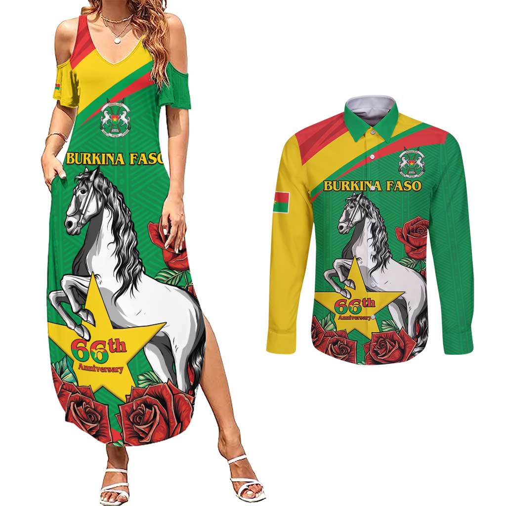 Personalised Burkina Faso Republic Day Couples Matching Summer Maxi Dress and Long Sleeve Button Shirt Happy 66th Anniversary with White Stallion - Wonder Print Shop