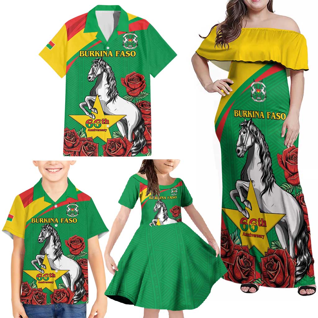 Personalised Burkina Faso Republic Day Family Matching Off Shoulder Maxi Dress and Hawaiian Shirt Happy 66th Anniversary with White Stallion - Wonder Print Shop