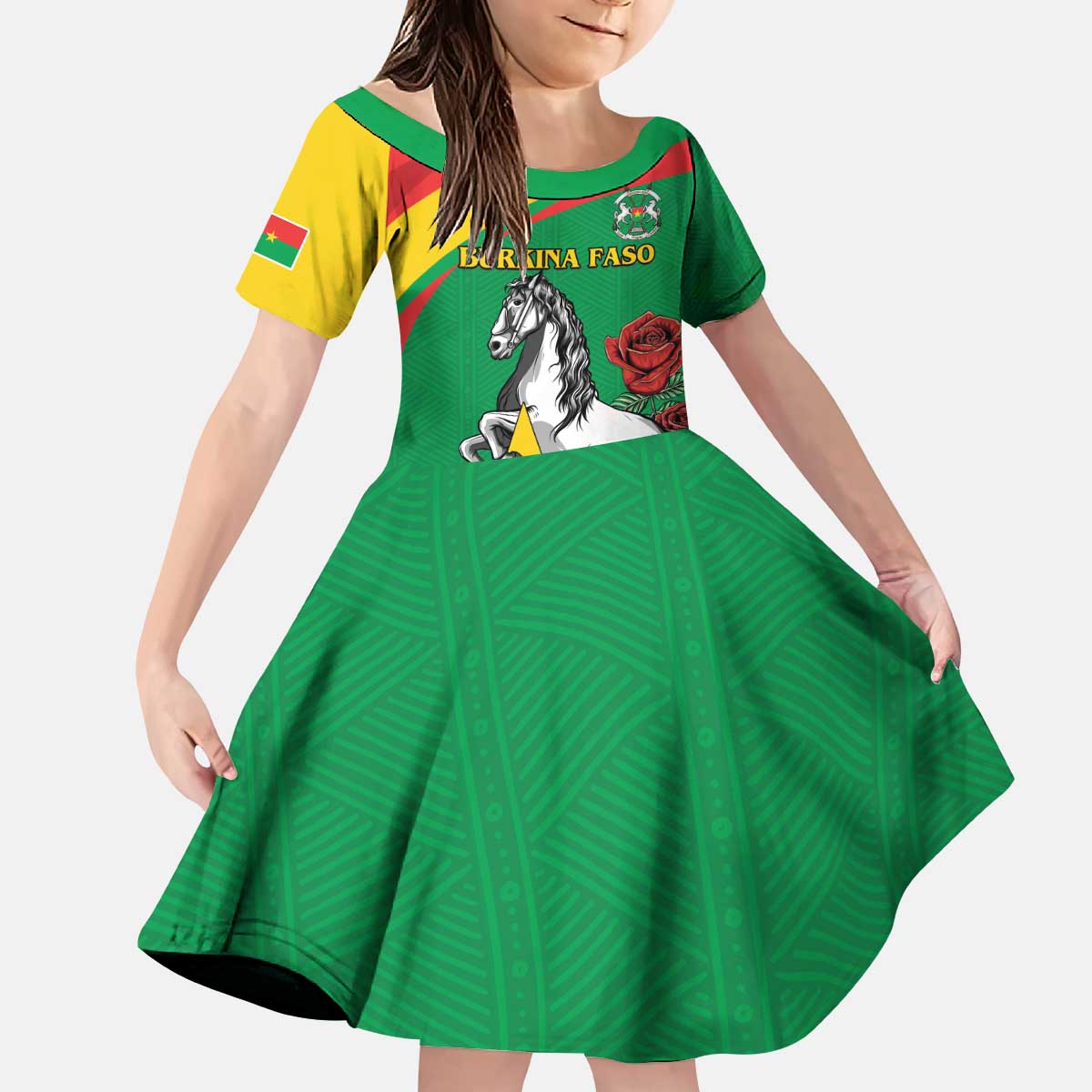 Personalised Burkina Faso Republic Day Kid Short Sleeve Dress Happy 66th Anniversary with White Stallion - Wonder Print Shop