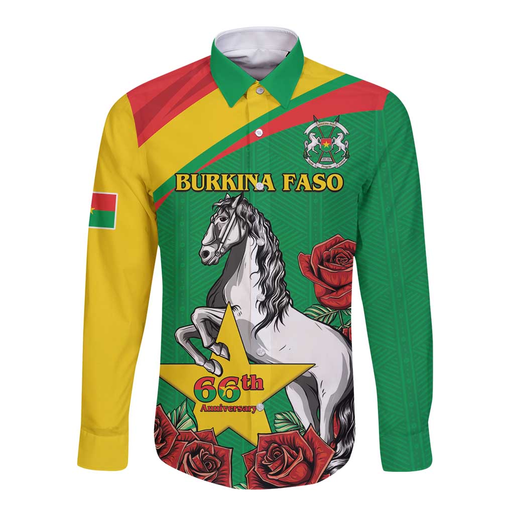 Long-sleeve button shirt, green/yellow/red print with horse graphic and 'BURKINA FASO' 66th