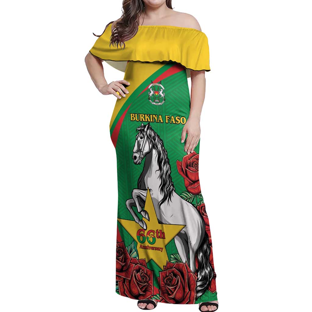 Personalised Burkina Faso Republic Day Off Shoulder Maxi Dress Happy 66th Anniversary with White Stallion - Wonder Print Shop