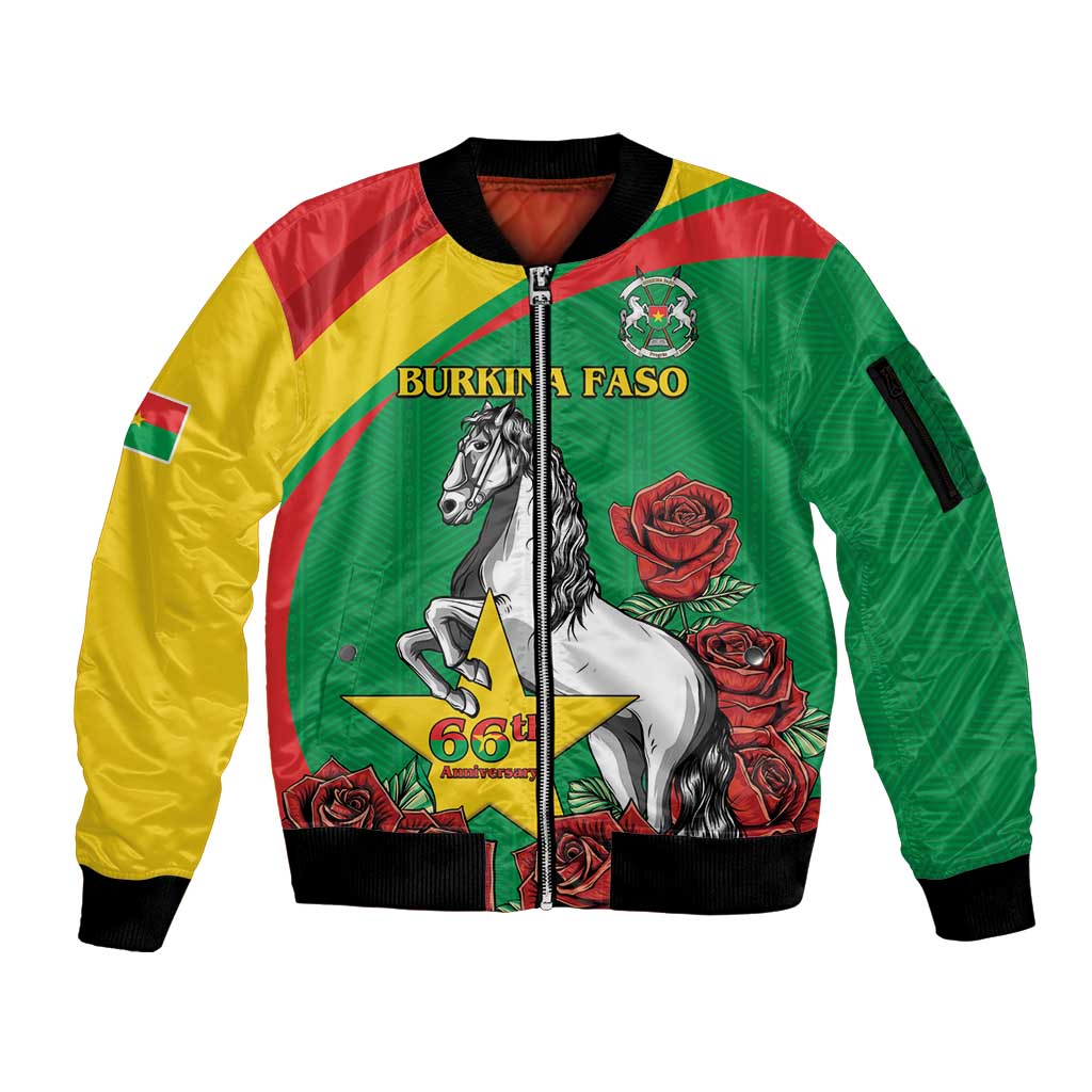 Personalised Burkina Faso Republic Day Sleeve Zip Bomber Jacket Happy 66th Anniversary with White Stallion - Wonder Print Shop