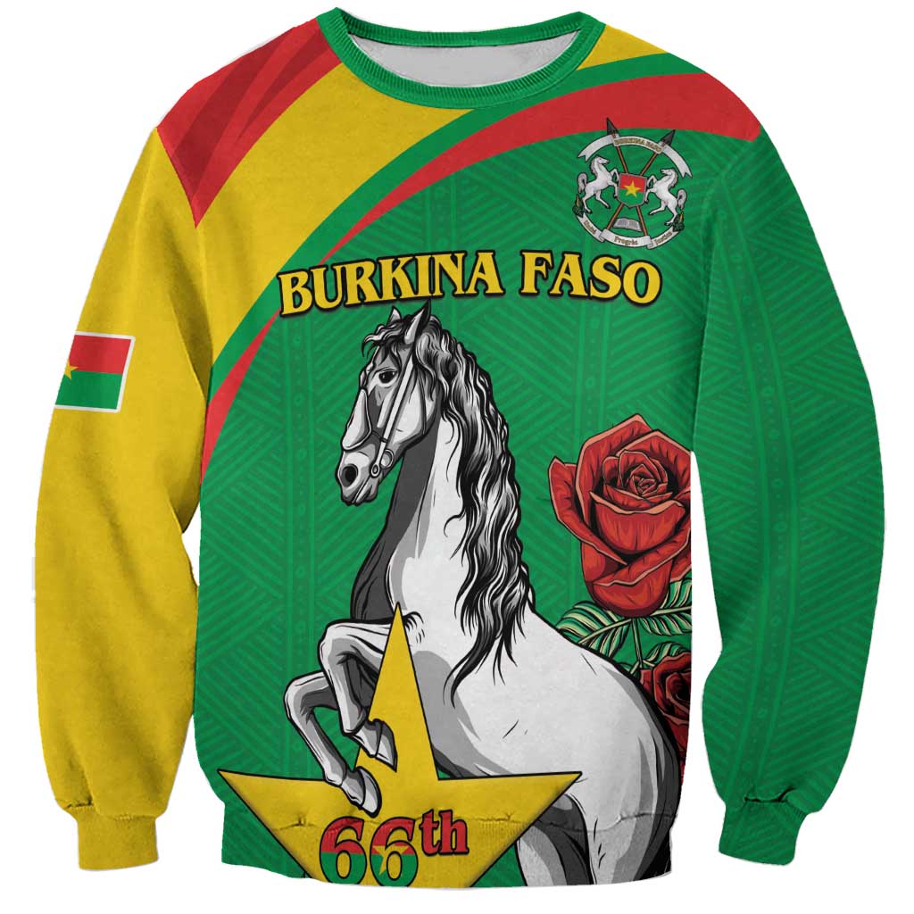 Unisex sweatshirt in green with horse, rose, and 'BURKINA FASO' front graphic