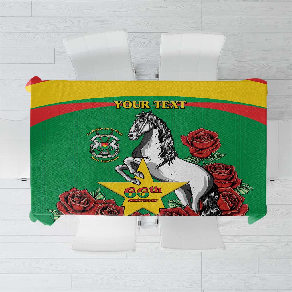 Green tablecloth with multicolor border, roses, black stallion, and “YOUR TEXT” graphic