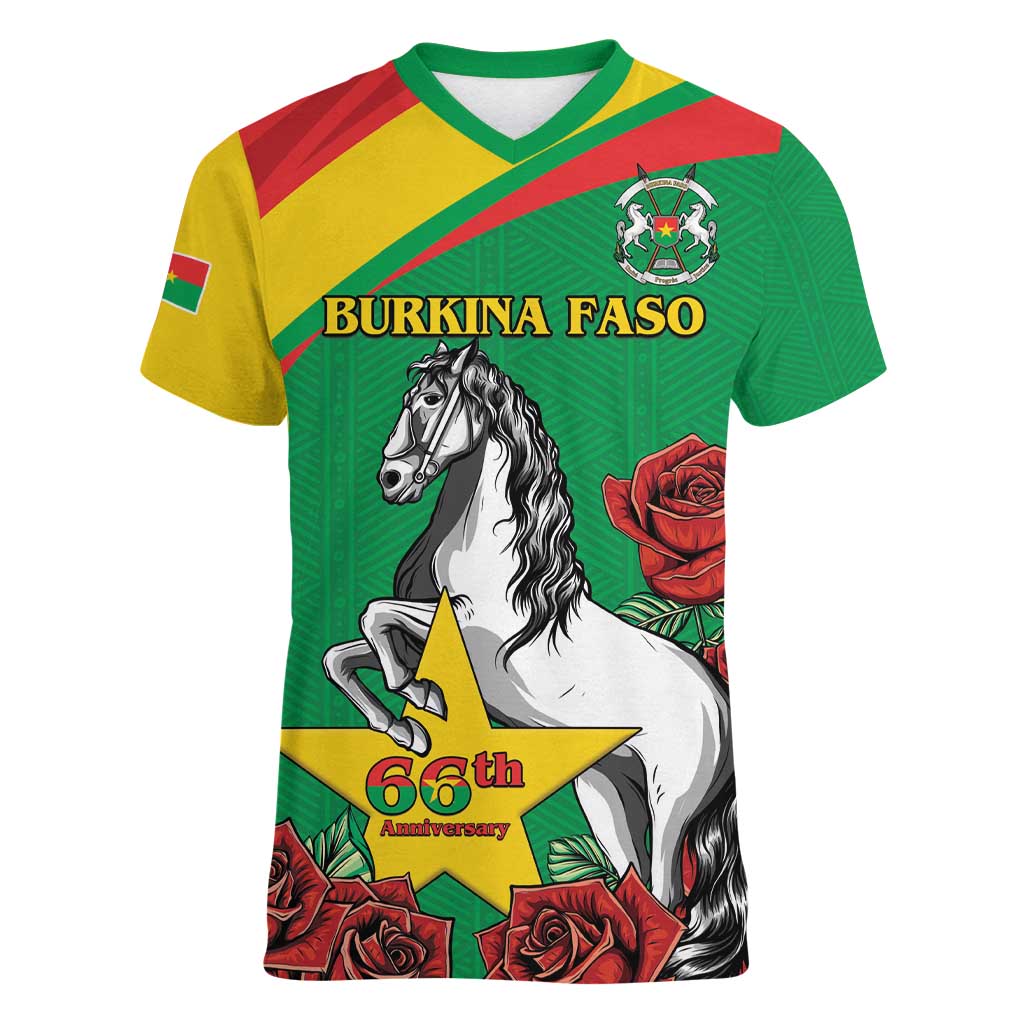 Personalised Burkina Faso Republic Day Women V-Neck T-Shirt Happy 66th Anniversary with White Stallion - Wonder Print Shop