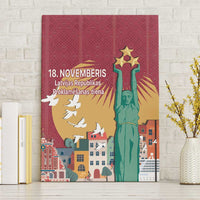 Red canvas wall art with Freedom Monument statue, golden stars, buildings and birds