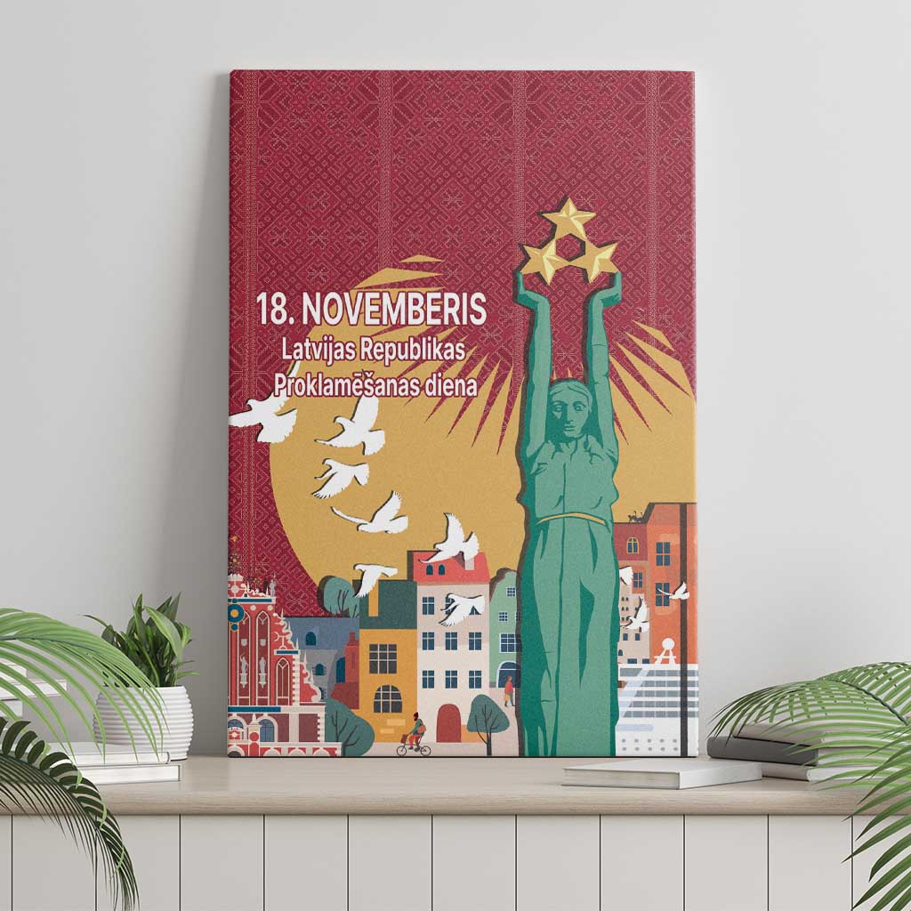 Red canvas wall art featuring Freedom Monument statue, golden stars, birds and city buildings