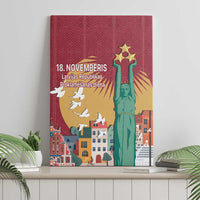Red canvas wall art featuring Freedom Monument statue, golden stars, birds and city buildings