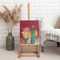 Red canvas wall art leaning on a bench, Freedom Monument statue and city graphic
