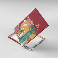 Red canvas wall art shown at an angle, Freedom Monument statue with golden stars