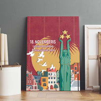 Red canvas wall art with Freedom Monument statue, golden stars, birds and city scene