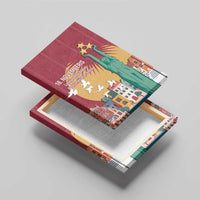 Red canvas wall art in angled view, Freedom Monument statue and illustrated city skyline