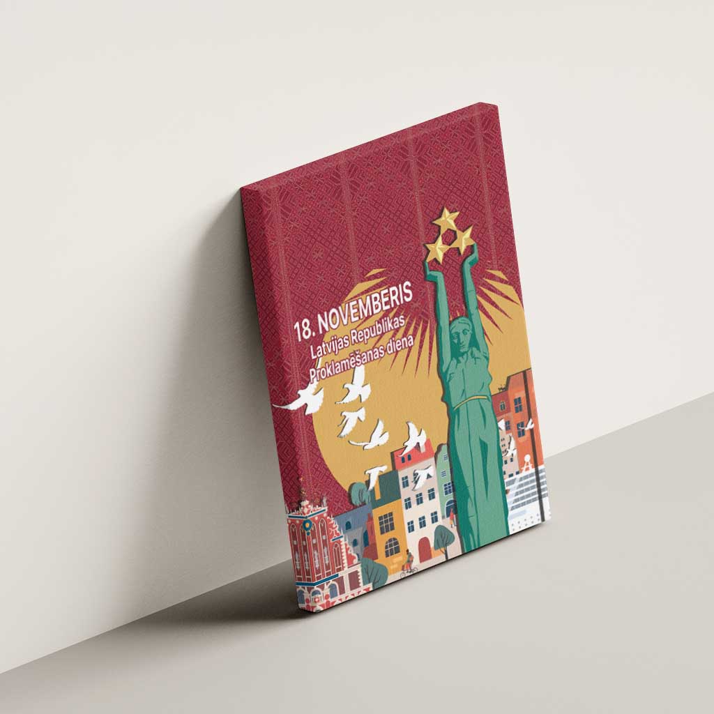 Red canvas wall art mounted on wall, Freedom Monument statue with golden stars