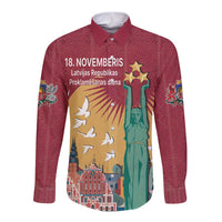 Red long-sleeve button shirt with bold Latvian Independence Day graphic print on front