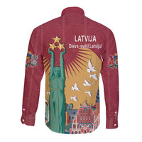 Red long-sleeve button shirt with large back graphic featuring statue, birds, and text