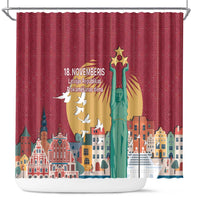 Red Latvia-themed shower curtain with Freedom Monument and skyline print