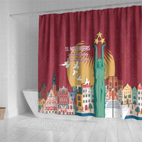 Red shower curtain with central monument figure and colorful Latvian cityscape
