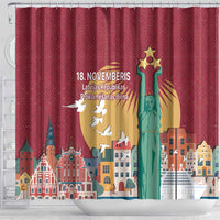 Red shower curtain close-up view of monument, flag, and skyline print