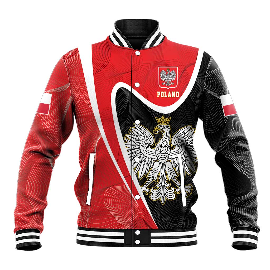 Red and black baseball jacket with Poland eagle emblem and varsity snap buttons