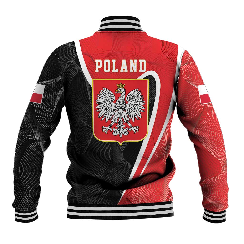 Back of red and black baseball jacket with POLAND text and crowned eagle crest