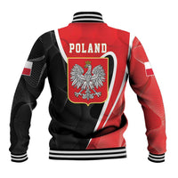 Back of red and black baseball jacket with POLAND text and crowned eagle crest