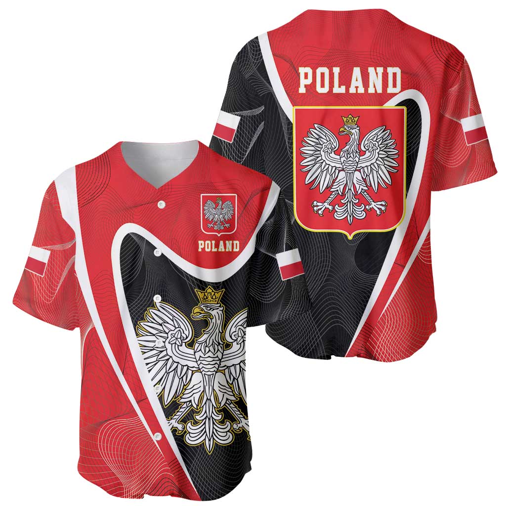 Red and black baseball jersey set showing front eagle crest and back POLAND text, short sleeves