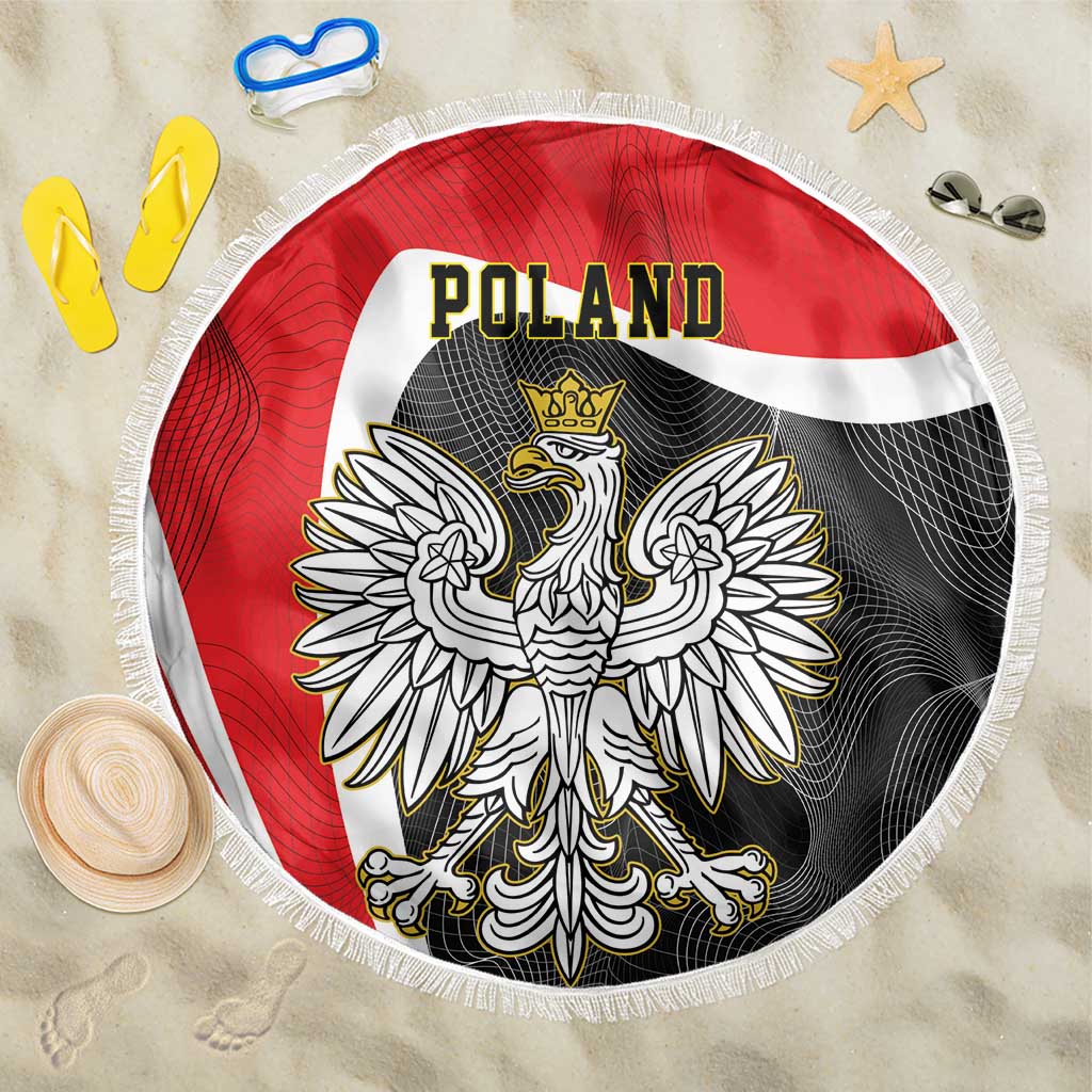 Round Poland eagle beach blanket, red and black design with white fringe border