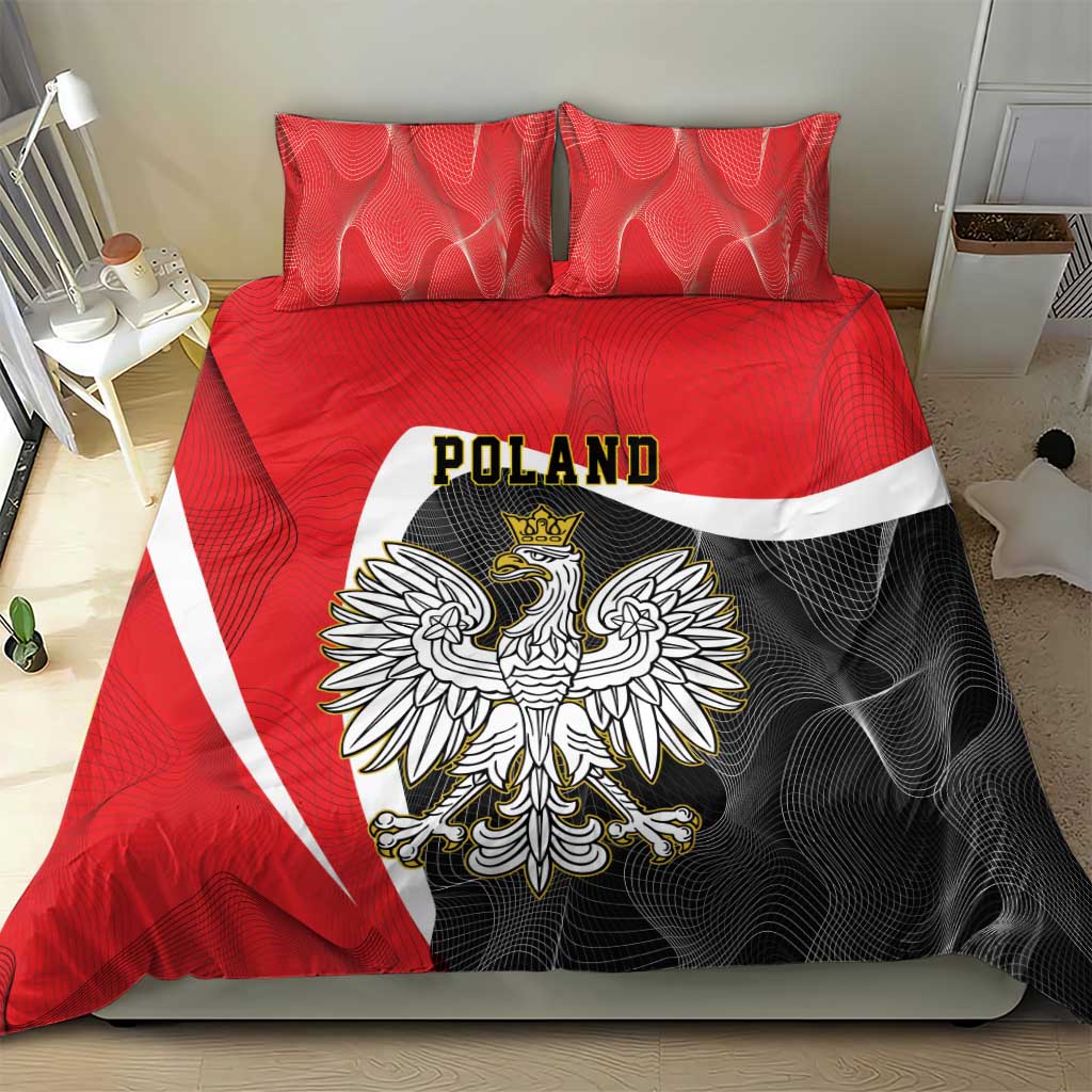 Red and black Poland eagle bedding set with crowned crest and white stripe on duvet