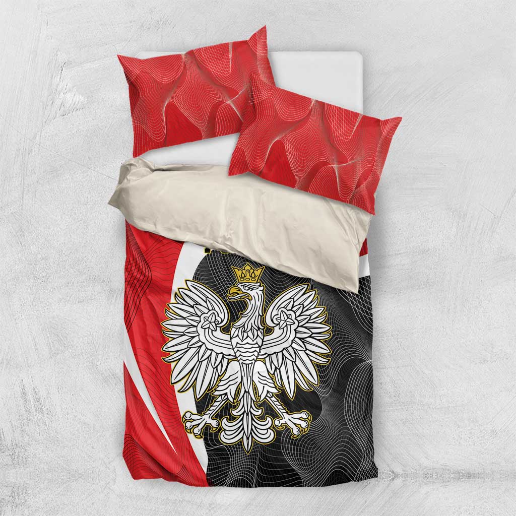 Red, white and black bedding set with eagle crest duvet and matching red pillowcases