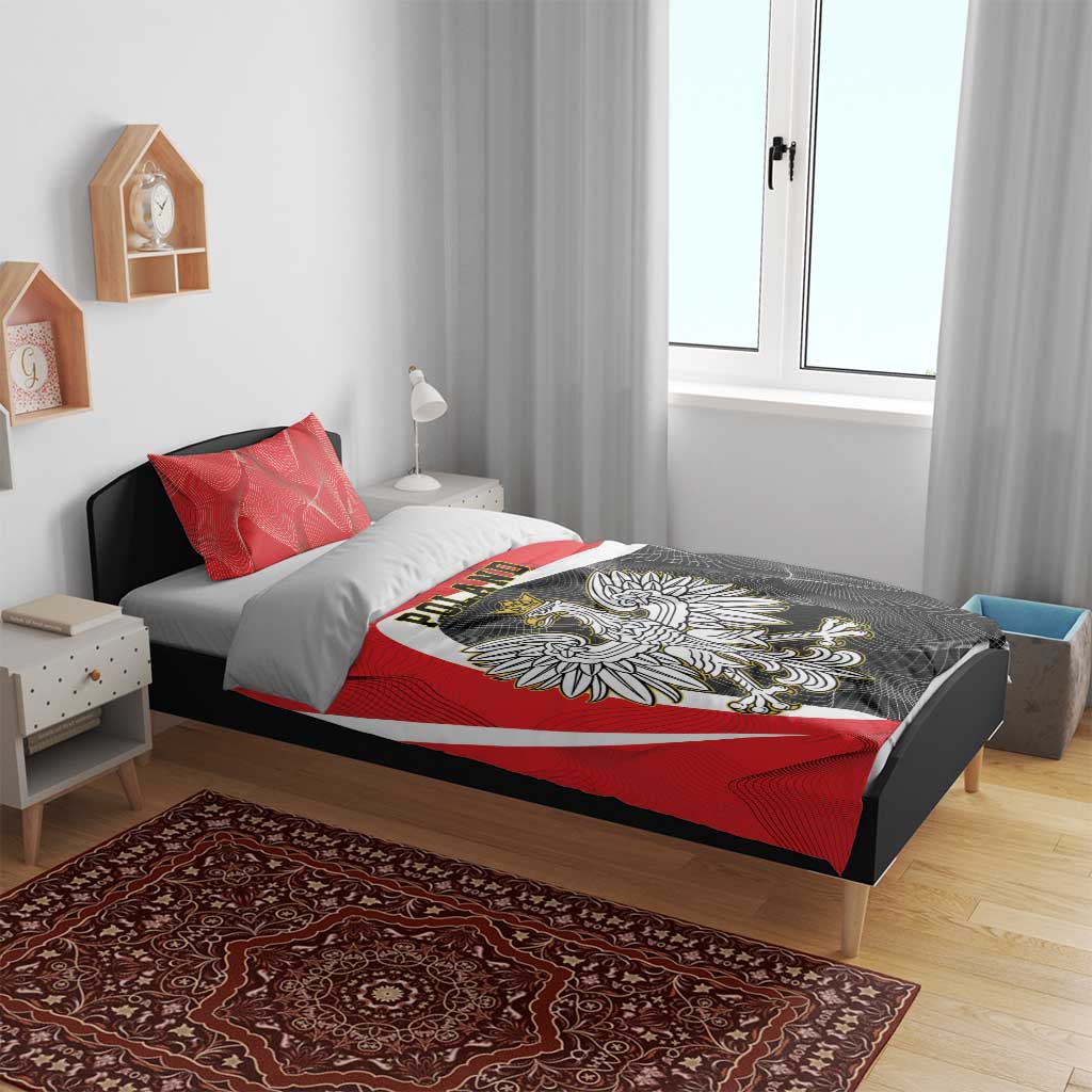 Poland eagle bedding set on bed: red and black duvet with crowned crest and white stripe