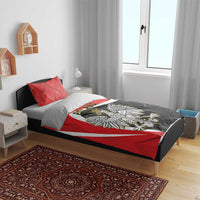 Poland eagle bedding set on bed: red and black duvet with crowned crest and white stripe