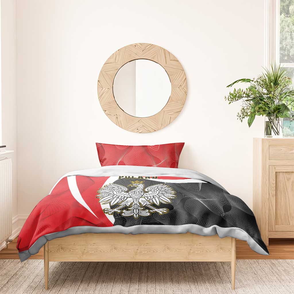 Poland eagle bedding set with red top, black winged crest and white stripe on duvet