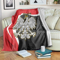 Red, black and white crowned eagle blanket with Poland title and white border stripe