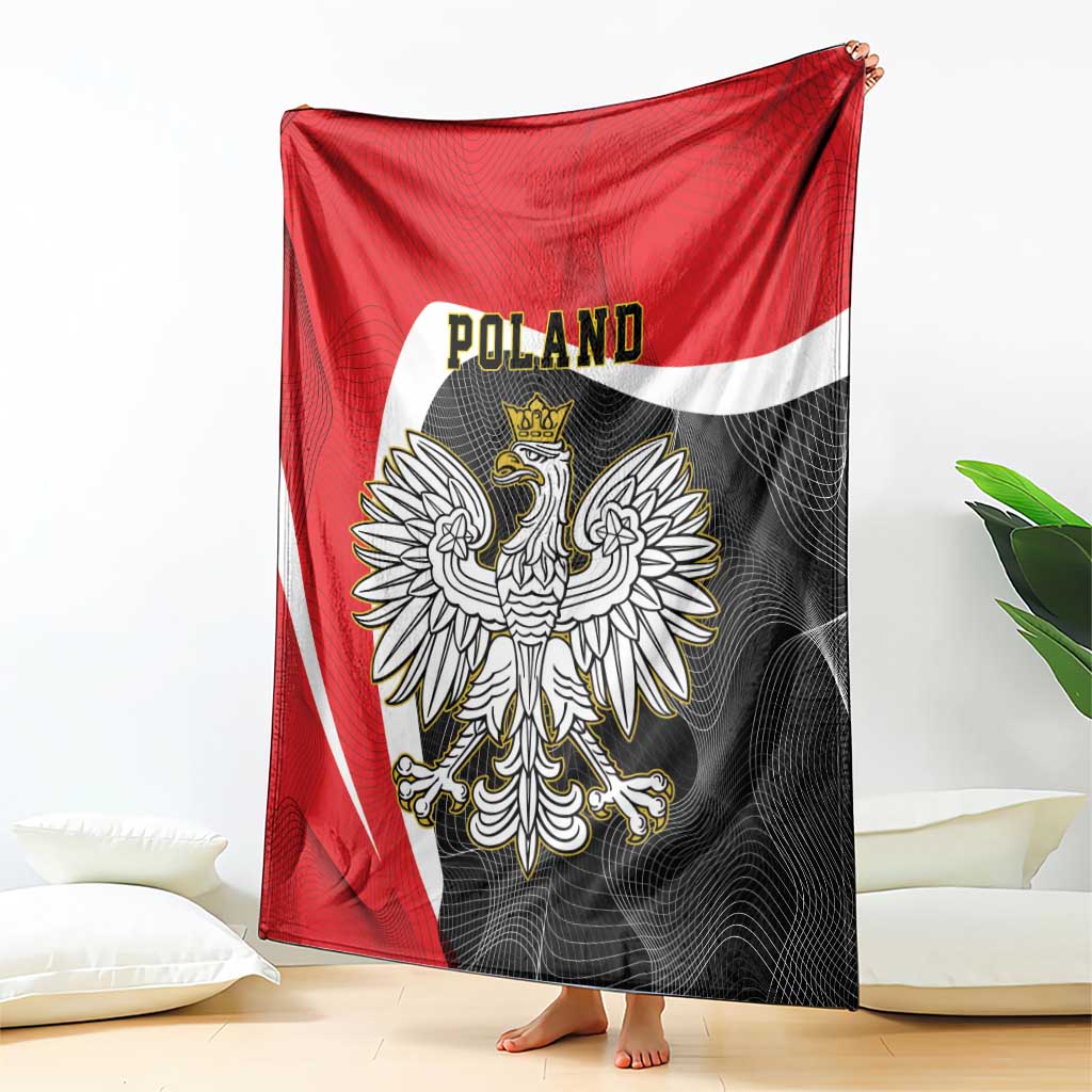 Red and black blanket with white stripe, crowned eagle emblem, and Poland text