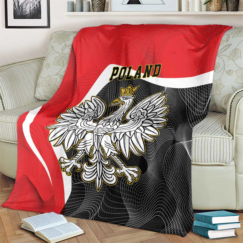 Red Poland flag-style blanket with crowned eagle emblem and white curved stripe