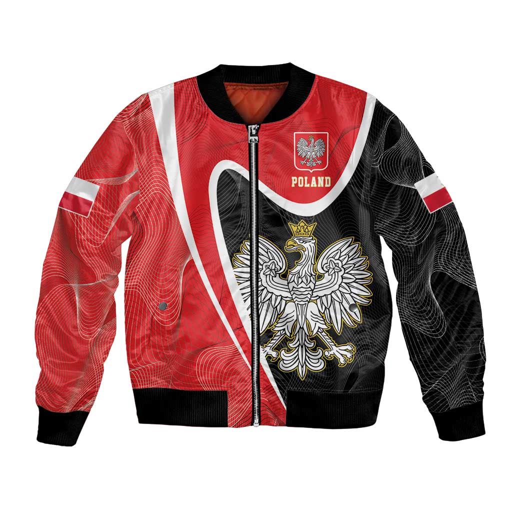 Red and black bomber jacket with white racing stripes and Poland eagle front graphic