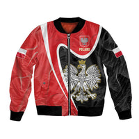 Red and black bomber jacket with white racing stripes and Poland eagle front graphic