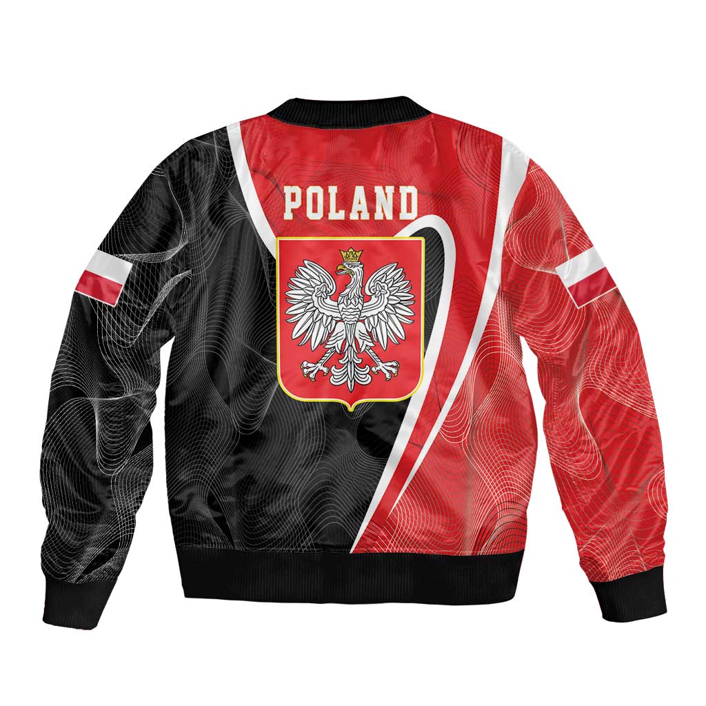 Back view bomber jacket in red and black with Poland crest and white side stripes