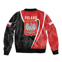 Back view bomber jacket in red and black with Poland crest and white side stripes