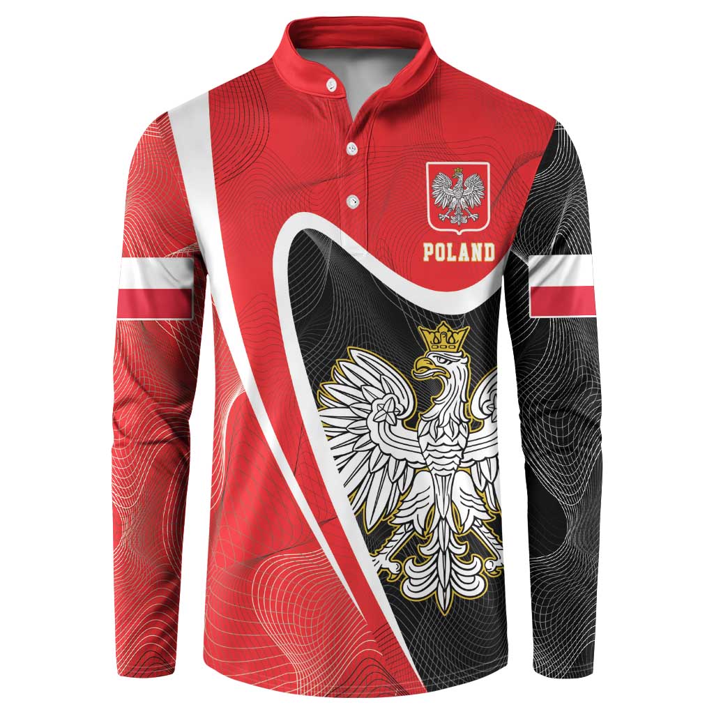 Red and black graphic button sweatshirt with Poland crest and crowned eagle on chest