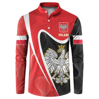 Red and black graphic button sweatshirt with Poland crest and crowned eagle on chest
