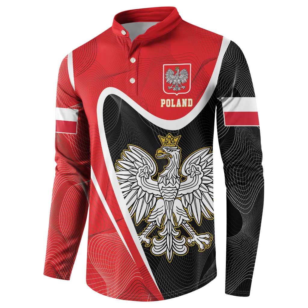 Red and black Poland crest button sweatshirt with diagonal stripe sleeves and eagle graphic