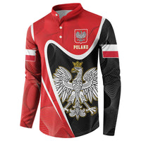 Red and black Poland crest button sweatshirt with diagonal stripe sleeves and eagle graphic