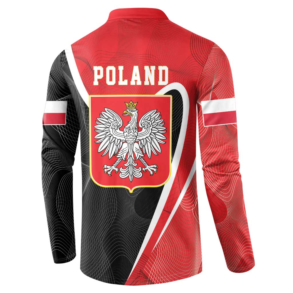 Red and black back graphic button sweatshirt with POLAND text and shield eagle emblem