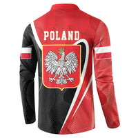 Red and black back graphic button sweatshirt with POLAND text and shield eagle emblem