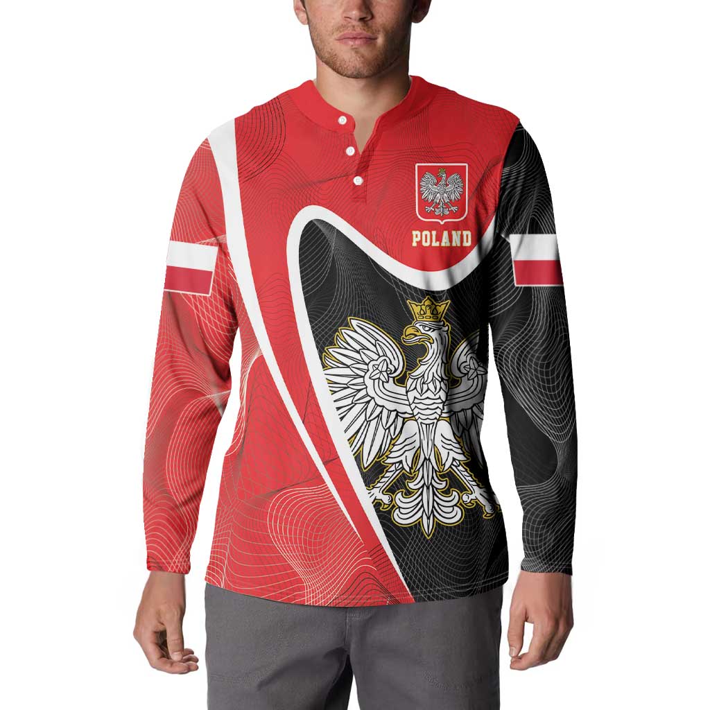 Red and black button sweatshirt worn by model, showing Poland crest and eagle graphic
